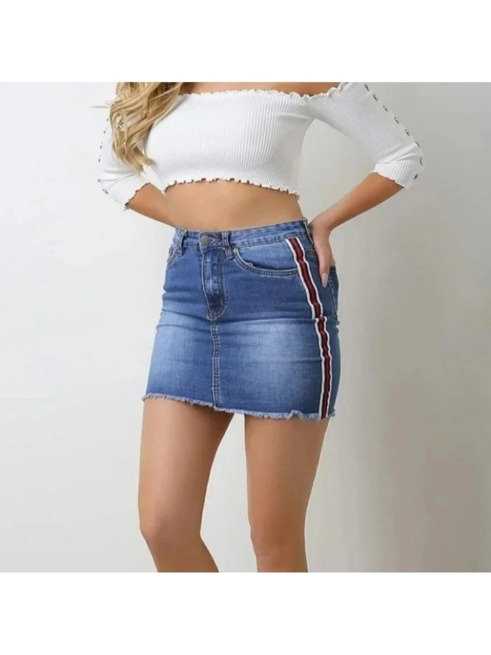 Striped-Trim Blue Denim Mini Skirt